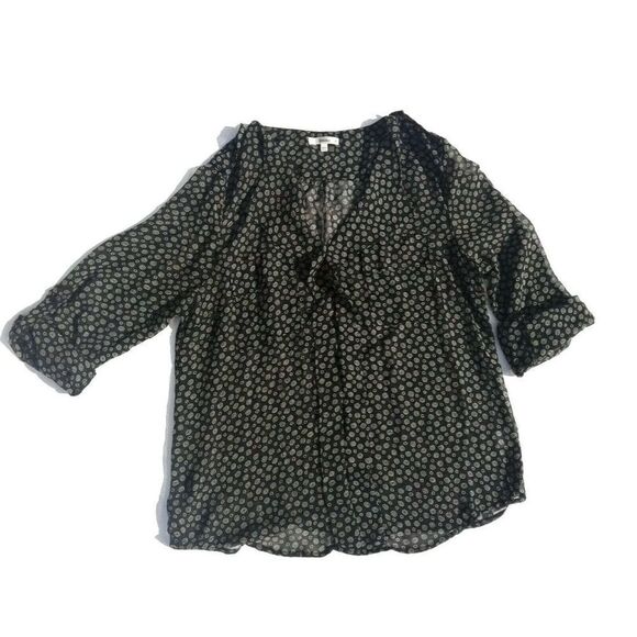 ✨Timing Black & Creme Roll Tab Long Sleeve Circles Blouse✨ - Picture 1 of 8